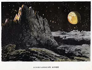 Oxford Science Archive Collection: Artists impression of the lunar landscape at sunset, 1884