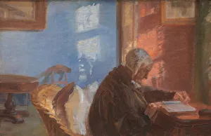 The Artist's Mother Ane Hedvig Brondum in the Red Room, 1909. Creator: Anna Kirstine Ancher