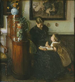 Johansen Viggo Prints: The artist's wife and child reading, 1893. Creator: Viggo Johansen
