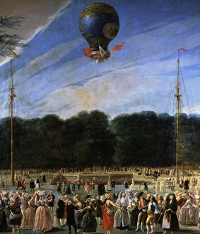 Ascent of a Montgolfier Balloon in Madrid 5 - Jul. 1784, flight by Boucle, oil on canvas