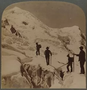 Alps Gallery: Ascent of Mt. Blanc - crossing Bossons Glacier - Grands Mulets in distance, Alps, 1901