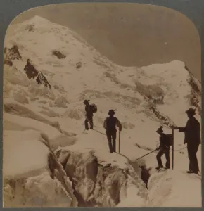 Ascent Prints: Ascent of Mt. Blanc - crossing Bossons Glacier - Grands Mulets in distance, Alps, 1901