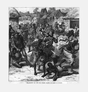 Ashanti Campaign Gallery: The Ashantee War: the Naval Brigade Clearing the Streets of Coomassie, 1874. Creator: Unknown