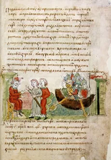 Askold and Dir asked by Rurik for a permission to go to Constantinople (from the Radziwill Chronicle), 15th century