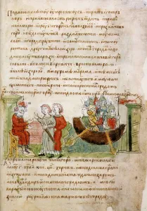 Slavs Prints: Askold and Dir asked by Rurik for a permission to go to Constantinople (from the Radziwill Chronicle)