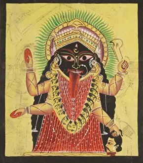 Kalighat Painting Gallery: Two Aspects of Kali: Kali Enshrined, c. 1880 - 1890. Creator: Unknown