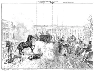 Petersburg Prints: Assassination of Alexander II.: sketch showing exactly how the Emperor was attacked