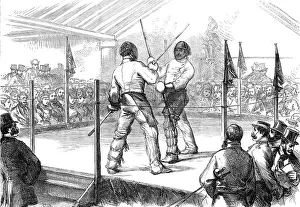 Masks Prints: Assault of arms by the Hon. Artillery Athletic Club: quarterstaff, 1870. Creator: Unknown