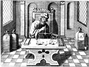 Weighing Device Prints: Assayer testing samples of gold or silver using a balance, 1683. Artist: Lazarus Ercker