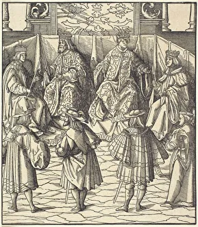 Assembly Prints: Assembly of Four Kings, in the foreground Four Men, 1514/1516. Creator: Leonhard Beck