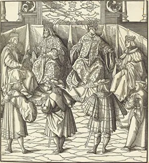 Assembly Prints: Assembly of Four Kings, in the foreground Four Men, 1514/1516. Creator: Leonhard Beck