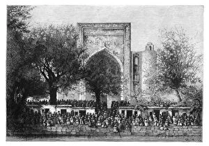 Armand Gallery: An assembly before the mosque in Bukhara, Uzbekistan, 1895.Artist: Armand Kohl