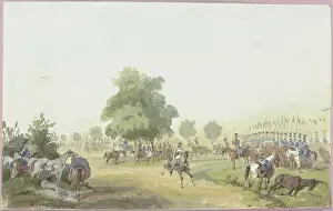 Cavalry Prints: Assembly point for mounted soldiers, 19th century. Creator: Reinhold Braun