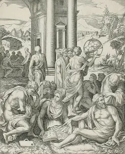 Wise Men Prints: An Assembly of Wise Men and Women, between circa 1510 and circa 1520. Creator: Marco Dente