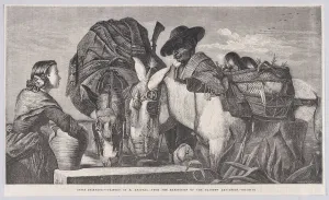 Asses Drinking, from 'Illustrated London News', March 13, 1858. Creator: Henry Duff Linton Asses Drinking, from 'Illustrated London News', March 13, 1858. Creator: Henry Duff Linton