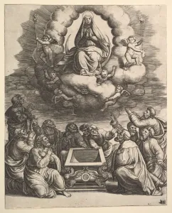 The Assumption of the Virgin, below the apostles surround the tomb, 1530-60