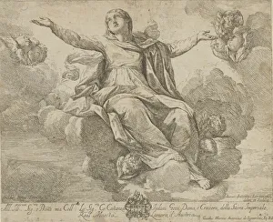 The Assumption of the Virgin, who is seated in the clouds with arms outstretched, ang