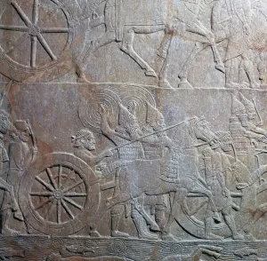 Assyrian relief showing Assyrian chariot at battle of the river Ulai, 7th century Assyrian relief showing Assyrian chariot at battle of the river Ulai, 7th century