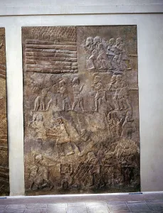 Assyrian relief showing transport of timber by land, Khorsabad, c8th century BC