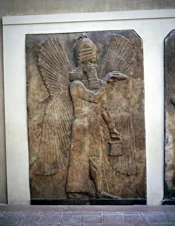Human Prints: Assyrian relief of a winged genie with a bucket & a cedar cone, Khorsabad, 8th century BC