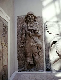 Images Dated 1st August 2005: Assyrian sculpture of Gilgamesh holding a lion, Khorsabad, c8th century BC