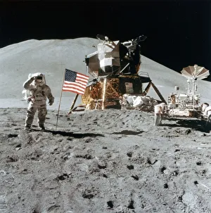 Stars And Stripes Prints: Astronaut James Irwin (1930-1991) gives a salute on the Moon, 1971. Artist: NASA