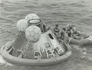 Lifeboat Prints: [Astronauts in Lifeboat After Apollo 11 Splashdown], 1969. Creator: NASA