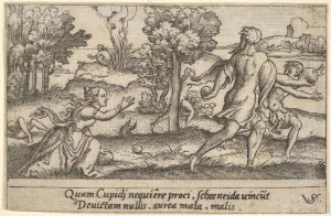 Metropolitan Mus Prints: Atalanta and Hippomenes, in the foreground Atalanta kneeling to pick up an apple an