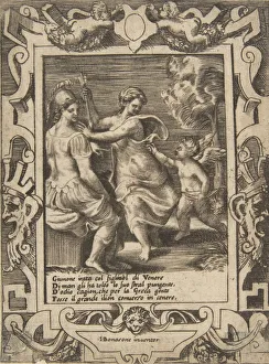 Athena seated near Juno who has taken away Cupids arrows, set within an elaborate fram