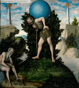 Atlas and Hercules (From The Labours of Hercules). Artist: Cranach, Lucas, the Elder (1472-1553) Atlas and Hercules (From The Labours of Hercules). Artist: Cranach, Lucas, the Elder (1472-1553)