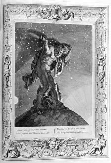 Atlas supports the heavens on his shoulders, 1733. Artist: Bernard Picart Atlas supports the heavens on his shoulders, 1733. Artist: Bernard Picart