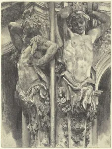 Menzel Adolph Friedrich Erdmann Von Prints: Atlases on the Wallpavillon of the Dresden Zwinger, 1880. Creator: Adolph Menzel