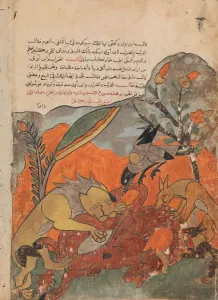 The Attack on the Camel by the Lion, Crow, Wolf, and Jackal, Folio from a Kalila The Attack on the Camel by the Lion, Crow, Wolf, and Jackal, Folio from a Kalila
