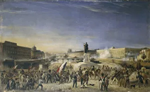 Pasarelle Des Arts Prints: Attack on the Louvre, July 29, 1830, seen from the Pont-Neuf, 1830. Creator: Unknown