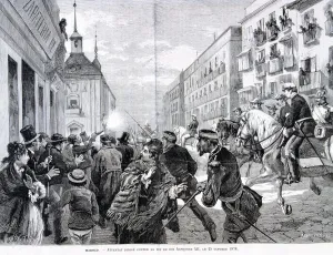 Siglo Xix Prints: Attack in Madrid against King Alphonse XII. 25 Oct. 1878, engraving in the Illustration
