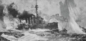 Cruiser Prints: Au fort de la bataille Jutland ; le croiseur cuirasse Warrior riposant au feu de six