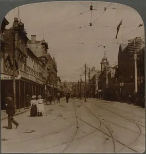 Queen Street Prints: Aucklands chief business thoroughfare, Queen St. looking S. New Zealand, c1900