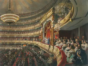 Chandelier Prints: Auditorium of the Bolshoi Theatre, Moscow, Russia, 1856. Artist: Mihaly Zichy