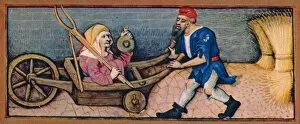 Book Of Hours Gallery: August - old woman in wheelbarrow, 15th century, (1939). Creator: Robinet Testard