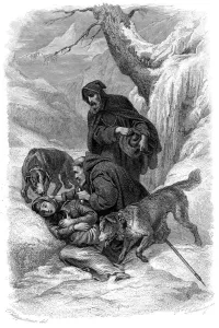 Rescue Prints: Augustinian canons and their St Bernard dogs rescuing a traveller, Switzerland