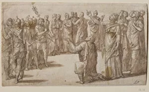 Brown Colour On Paper Collection: Augustus and the Tiburtine Sibyl, ca 1547. Creator: Lombard, Lambert (1505-1566)