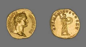 Domitian Prints: Aureus (Coin) Portraying Emperor Domitian, 90-91, issued by Domitian. Creator: Unknown