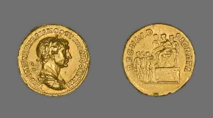 Trajan Prints: Aureus (Coin) Portraying Emperor Trajan, 114-115, issued by Trajan. Creator: Unknown