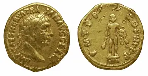 Aureus of Trajan. Obverse: Laurel head of Trajan on the right. Reverse: Statue of Hercules naked. Creator: Numismatic, Ancient Coins