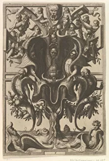 Cornelis Gallery: Auricular Cartouche with Figures within a Strapwork Frame from Veederley Veranderinghe