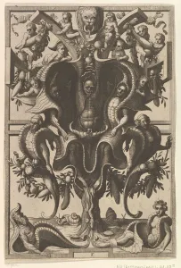 Strapwork Prints: Auricular Cartouche with Figures within a Strapwork Frame from Veederley Veranderinghe