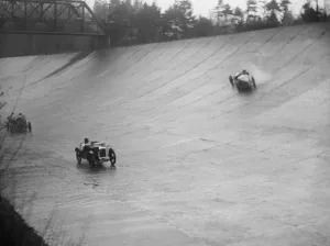 Barc Prints: Austin 7 and the spinning Riley of HL Roberts, BARC Mountain Race, Brooklands, Surrey