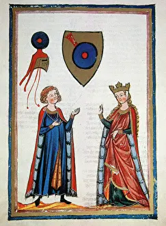 University Prints: Austrian poet Der von Kurenberg, talking to a lady, c1300. Creator: Unknown