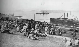 Danube Prints: Austrian prisoners taken by Serbians resting at mid-day on the banks of the Danube, 1915