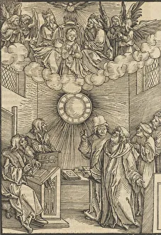 Hans Schäufelein Prints: The Author Writing the Layenspiegel; The Trinity and the Virgin at the Upper Center